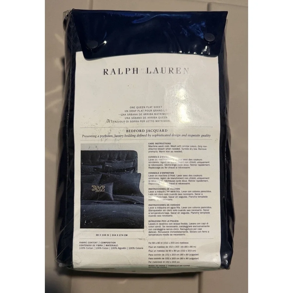New Ralph Lauren BEDFORD Highland Jacquard Navy Blue Flat Sheet - Queen
